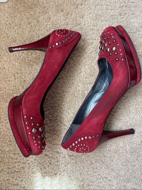 Stuart Weitzman Red Studded Suede Platform Pumps